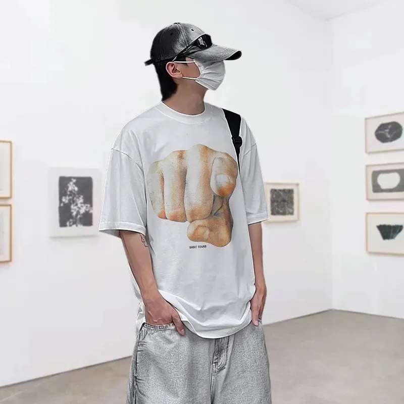 VT9232 Black P140💰 White P130💰 Saint Michael finger print vintage retro washed vintage short sleeves small neckline design white ink digital direct printing high street retro heavyweight washed vintage short sleeves Size: S M L XL
